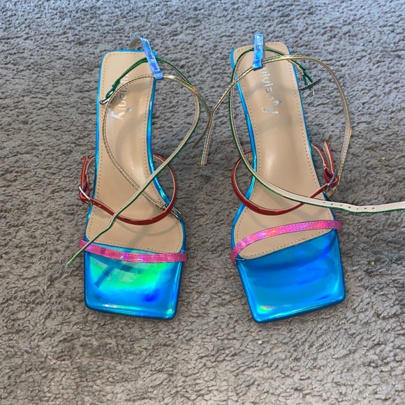 Blue multi color square toe strap heel sandals - Picture 1 of 3